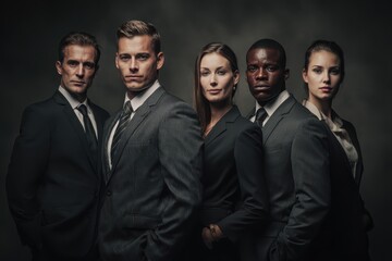 Business team members pose confidently in formal attire against a dark background showcasing professionalism and teamwork in a modern corporate setting