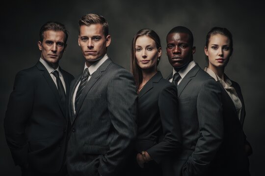 Business team members pose confidently in formal attire against a dark background showcasing professionalism and teamwork in a modern corporate setting