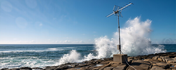 Communication antenna on rocky coast with crashing ocean waves. Wireless 5G and 6G network technology concept. Copy space in blue sky