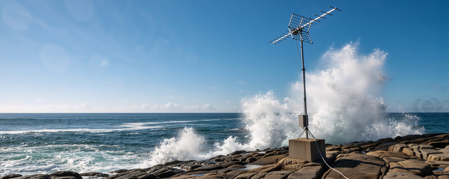 Communication antenna on rocky coast with crashing ocean waves. Wireless 5G and 6G network technology concept. Copy space in blue sky