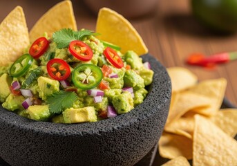 Freshly made guacamole in stone molcajete with tortilla chips and chili peppers, overhead shot