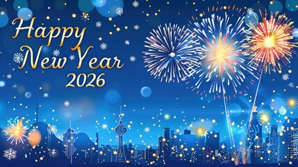 Modern Festive Background for New Year's Day 2026 Ad, Showcasing Nighttime City Skyline with Fireworks, "Happy New Year 2026" in Sleek Reflective Font, and Gentle Snowflakes for Celebratory Vibe
