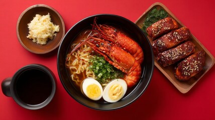 Fototapeta premium A bowl of ramen with shrimp and eggs sits on a red table