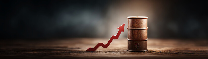 Conceptual oil barrel with red upward arrow graph showing price increase. dramatic look at market finance, high fuel cost and economy crisis