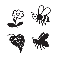  Silhouette Bees and Flowers Illustration Set for Honey and Pollination.