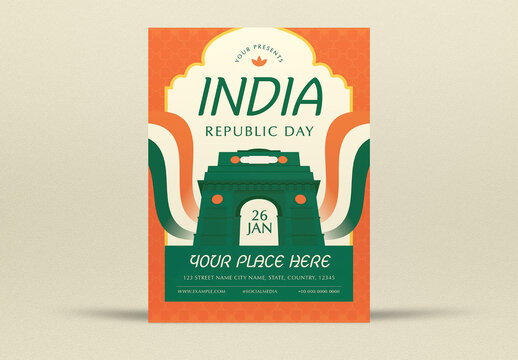 Orange And Green Flat Design India Republic Day Flyer Layout