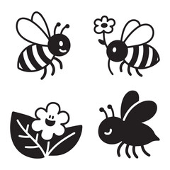  Silhouette Bees and Flowers Illustration Set for Honey and Pollination.