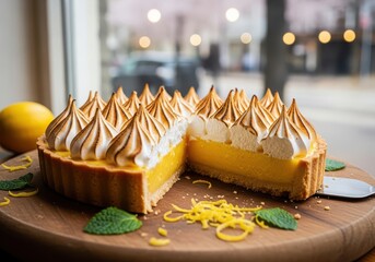 Delicious lemon meringue tart with toasted peaks, fresh zest, and mint on a wooden board