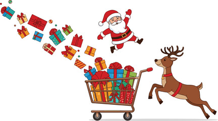 Reindeer Pulling Shopping Cart Overflowing with Flying Christmas Gifts as Santa Jumps for Joy, Holiday Sale Vector Illustration
