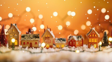 Festive Holiday Background with Cozy Winter Village, Twinkling String Lights, and Starry Sky, Creating a Warm and Inviting Atmosphere for Joyful Promotions