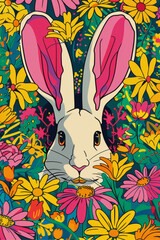 Vertical Pop-Art Illustration of Cheerful Rabbit Peeking from Hole in Vibrant Flower Meadow, Bold Comic Style with Neon Colors