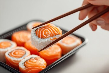 Enjoying sushi with chopsticks in a cozy setting, perfect for takeout or delivery during a relaxing meal time at home or with friends