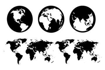 Silhouette maps: globe and world map variations in black and white.