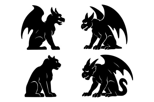 Silhouette gargoyle designs: fierce winged creatures in mythical poses.