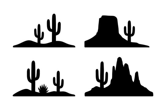 Desert silhouettes with cacti and mesas in simple black icons.