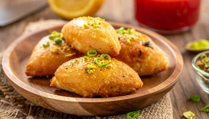 Fried savory pastry with green chili and crushed nuts on wooden plate served with sauce and lemon slice