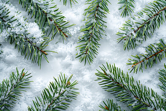 Close up of fresh green pine branches resting on a bed of soft white snow