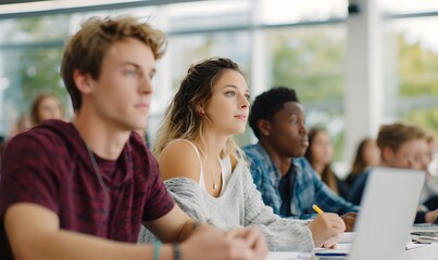 19-year-old American college students listening to a professor in a bright university classroom, large windows letting in natural sunlight