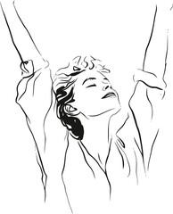 Minimalist portrait of a woman with arms raised in a gesture of freedom and joy appreciation