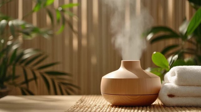 Aromatherapy diffuser with steam and green plants in a spa setting