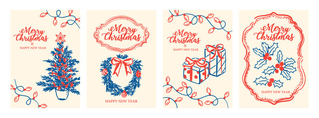 Christmas and Happy new year greeting vector card set, whimsical drawing Holiday Christmas decor element art vector illustration. Can be used for card, postcard, cover, banner etc	