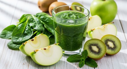 Green Detox Smoothie in Glass with Spinach and Apple. glass filled with green vegetable smoothie. Ingredients like fresh spinach leaves, green apple slices, and kiwi are arranged around