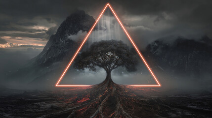 Surreal Neon Triangle Portal Behind a Tree With Rooted Lava Ground in Dark Mountain Landscape