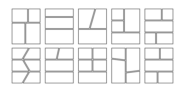 Comic book panels set. Manga collage blank template. Storyboard layout panel. Empty page line frame for photo collage. Comic book board mockup. Vector illustration isolated on white background.