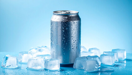 Cold aluminum beverage can with condensation droplets surrounded by ice cubes on cool blue background.