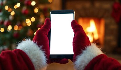 Santa hand holding smartphone with blank screen on christmas tree and fireplace background