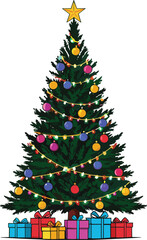 Beautiful decorated Christmas tree with glowing lights, colorful ornaments, star topper, and festive gift boxes arranged neatly underneath in holiday illustration.