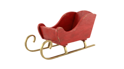 Miniature red sleigh with elegant curves and metallic runners.