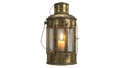 Vintage lantern with a glowing candle inside.