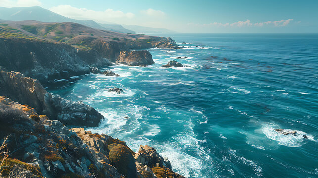 Dramatic ocean waves crash against rugged cliffs and rocky outcrops on a sunny day - Powered by Adobe