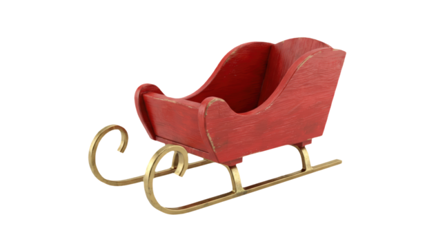 Miniature red sleigh with elegant curves and metallic runners.