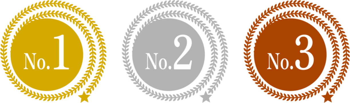 ランキング1位2位3位 メダル風アイコンセット | 金銀銅の月桂樹と星の飾り付き 円形ベクター素材