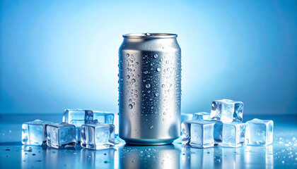 Cold aluminum beverage can with condensation droplets surrounded by ice cubes on cool blue background.