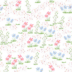 Garden paths. Seamless pattern of flowers and bushes with colored pebbles on a white background.