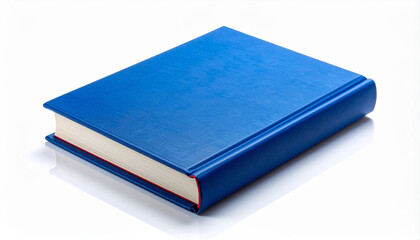 Closed blue hardcover book angled on white surface with red spine accent and visible page edges.