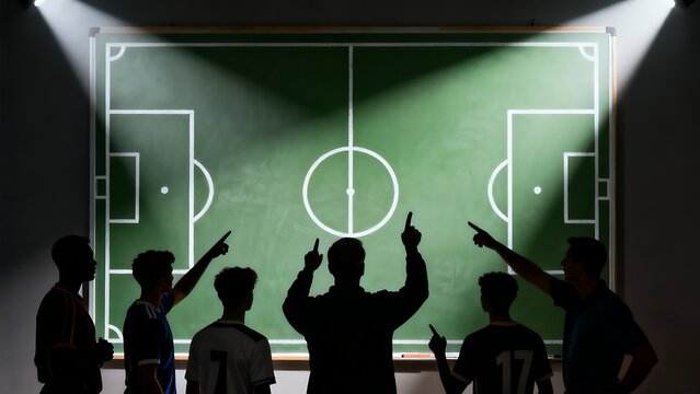 Generative AI team strategy huddle on soccer field diagram.