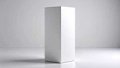 Tall white rectangular box standing upright on light gray background with smooth surface and sharp edges.