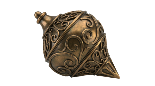 Intricately designed metal spinning top with ornate patterns.