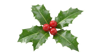 Holly leaves with red berries and water droplets.