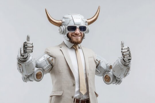 Cheerful businessman in futuristic robotic suit giving thumbs up while looking directly at the camera in a minimalistic studio setting
