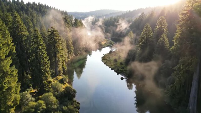 Sweeping drone aerial shot flying along a wide, winding emerald river path cutting through dense ancient temperate forest during morning fog discovery, surface, view