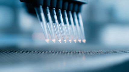 Close up of advanced pipetting robots handling liquid samples in laboratory, showcasing precision, automation, and modern scientific technology for research and analysis