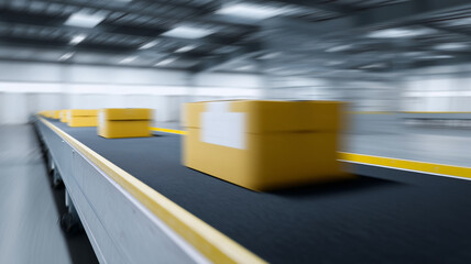 Modern distribution warehouse with conveyor belt cardboard box industrial interior fast shipping logistics automated system efficient storage motion blur supply chain