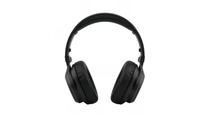 A close up shot of a pair of black over ear headphones isolated against a black background in studio