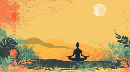 Peaceful meditation scene in nature for world meditation day design. International Day of Yoga. Horizontal banner. Copy space. Flat illustration