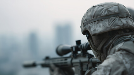 Obraz premium Sniper military camouflage rooftop rifle urban battle tactical soldier focus military sniper camouflage uniform aims rifle from rooftop urban environment displaying intense focus and tactical